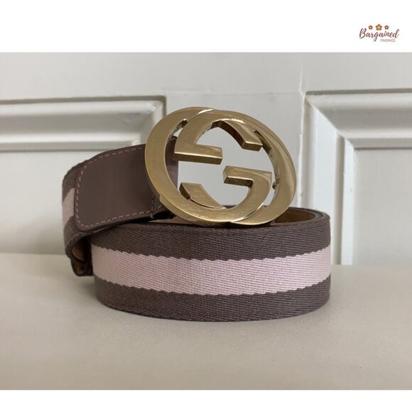Authentic Gucci Taupe/Pink Web Leather Gold Interlocking G Buckle Belt 80/32 - Picture 12 of 13